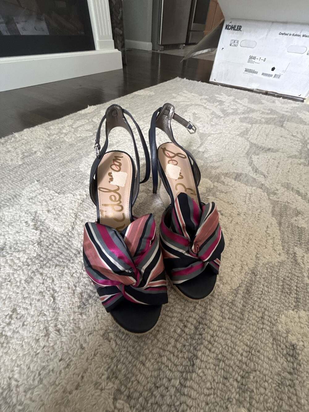 Sam Edelman Aubrey Espadrille Wedge Striped Bow Sandal Navy Pink Tan Size 10